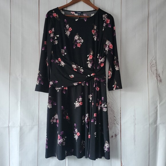 Chaps ¾ Sleeve Floral Print Midi Dress, Black/Multi Color Flowers, Sz L, Slip On - Picture 1 of 8